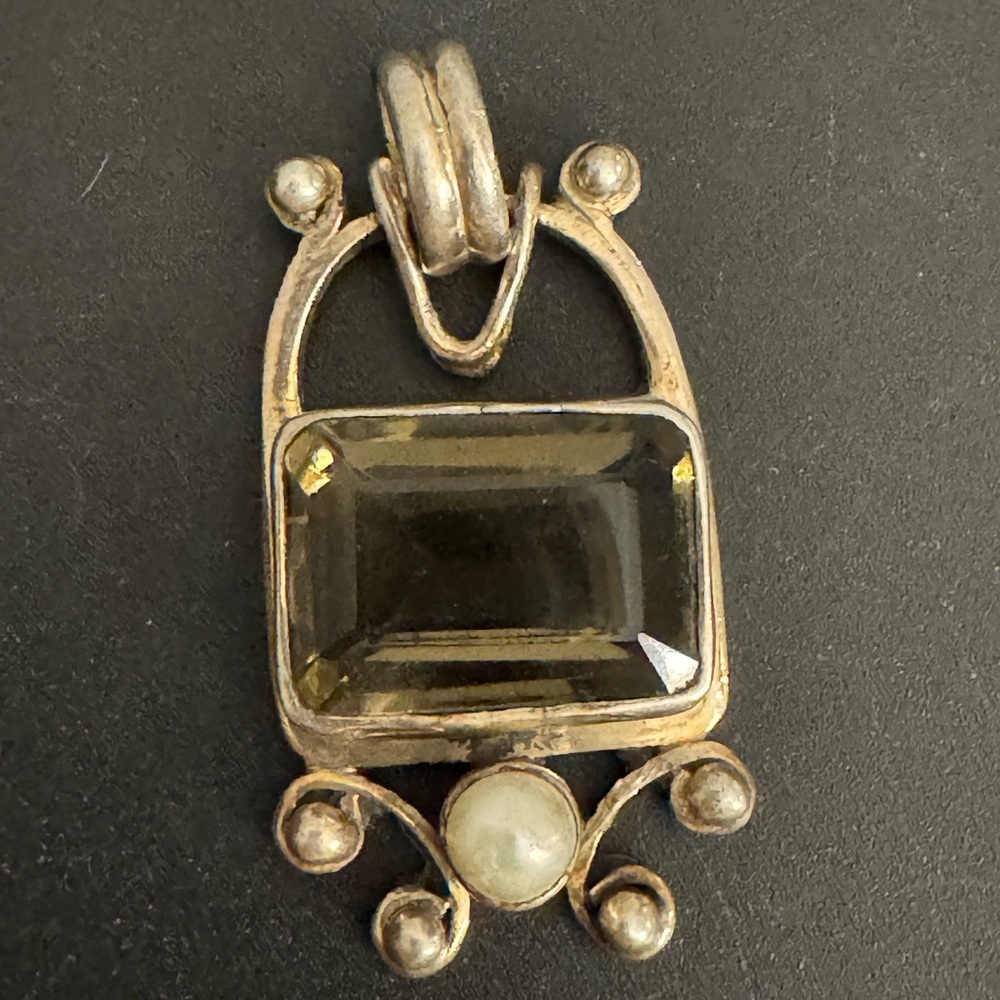 Vintage Sterling Modernist Smokey Glass and Pearl Pendant